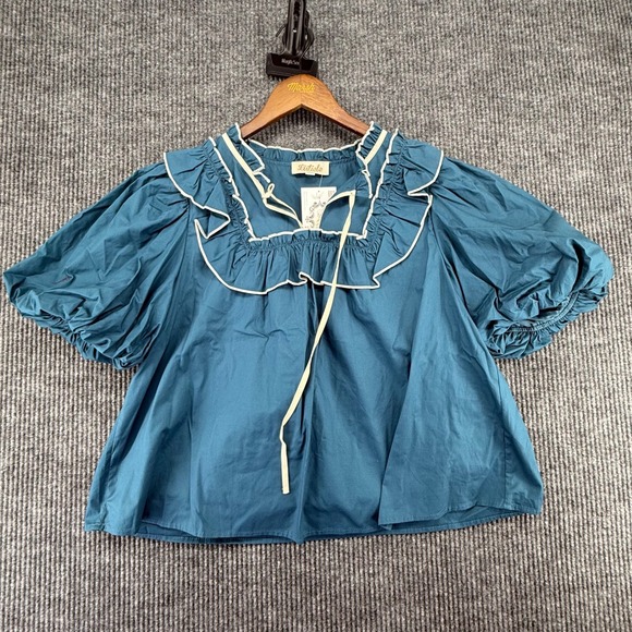 Listicle Tops - Listicle Puff Sleeve Blouse Womens Large Teal New Ruffle Bib Tie Neck Top